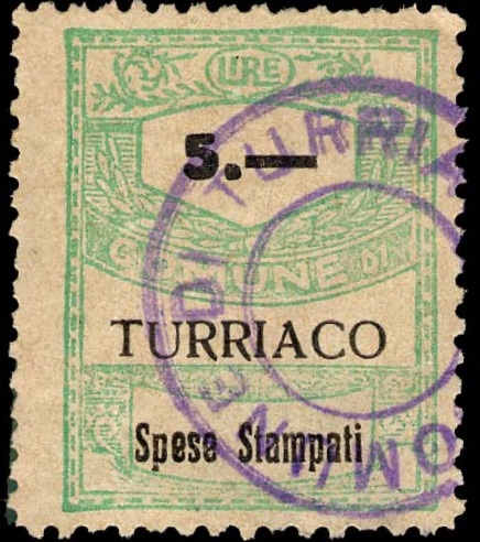 Marca da Bollo del Comune di TURRIACO su Carta Bianca di dimensioni 22,5 x 29 mm
