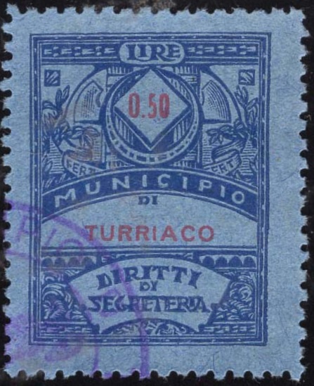 Marca da Bollo del Comune di TURRIACO su Carta Bianca di dimensioni 22,5 x 29 mm