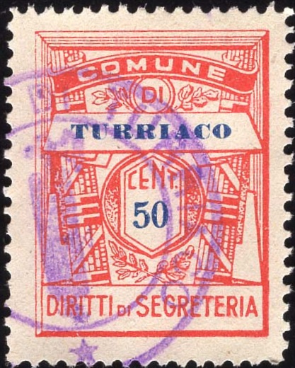 Marca da Bollo del Comune di TURRIACO su Carta Bianca di dimensioni 22,5 x 29 mm