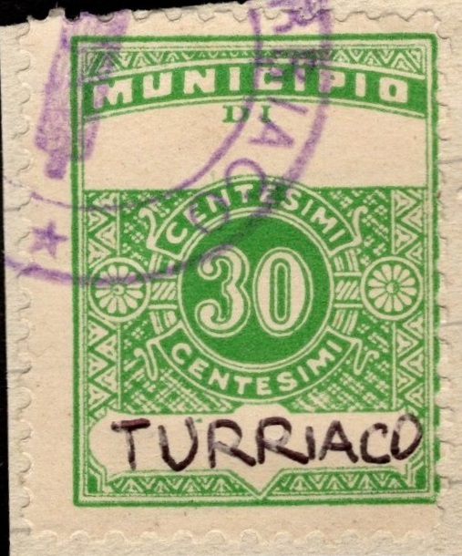 Marca da Bollo del Comune di TURRIACO su Carta Bianca di dimensioni 22,5 x 29 mm