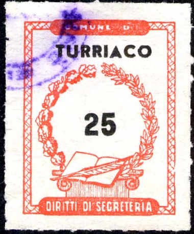Marca da Bollo del Comune di TURRIACO su Carta Bianca di dimensioni 20,5 x 26,5 mm