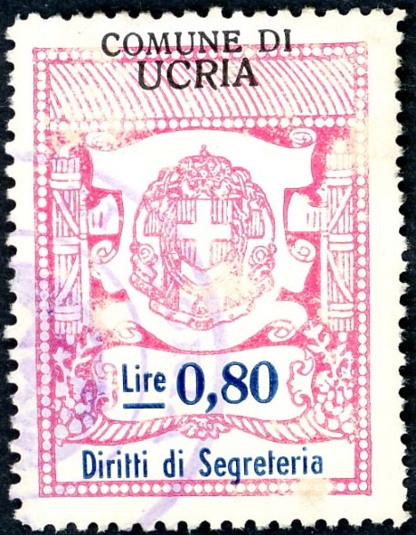 Marca da Bollo del Comune di UCRIA su Carta Bianca di dimensioni 20 x 27 mm