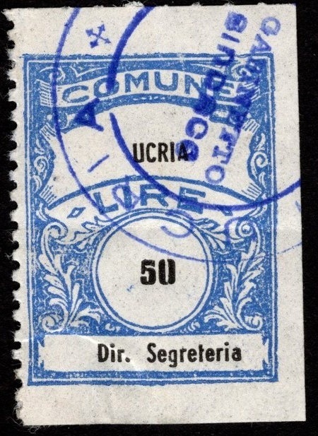 Marca da Bollo del Comune di UCRIA su Carta Bianca di dimensioni 20 x 29 mm