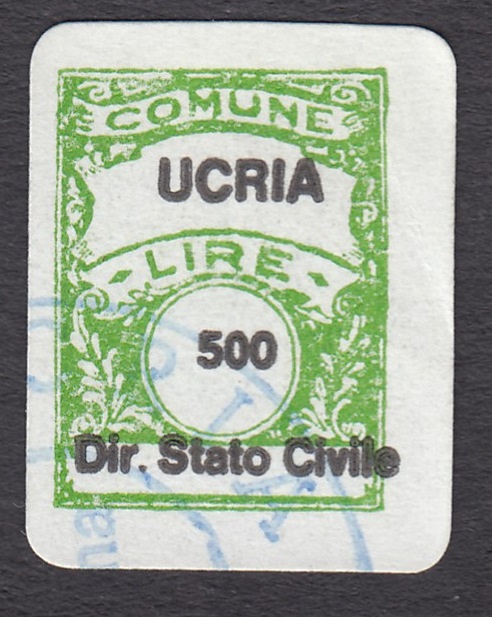 Marca da Bollo del Comune di UCRIA su Carta Bianca di dimensioni 14 x 18 mm