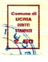Marca da Bollo del Comune di UCRIA su Carta Bianca di dimensioni 13,5 x 18,5 mm