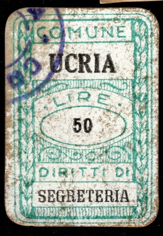 Marca da Bollo del Comune di UCRIA su Carta Bianca di dimensioni 13,5 x 22 mm