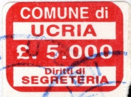 Marca da Bollo del Comune di UCRIA su Carta Bianca di dimensioni 19,5 x 13,5 mm