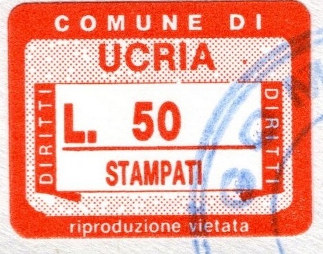 Marca da Bollo del Comune di UCRIA su Carta Bianca di dimensioni 19,5 x 13,5 mm