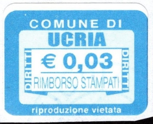 Marca da Bollo del Comune di UCRIA su Carta Bianca di dimensioni 19,5 x 13,5 mm