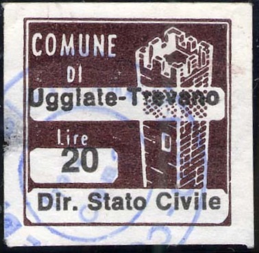 Marca da Bollo del Comune di UGGIATE TREVANO su Carta Bianca di dimensioni 20 x 20 mm