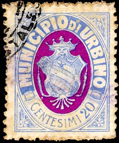Marca da Bollo del Comune di URBINO su Carta Bianca di dimensioni 22 x 28 mm