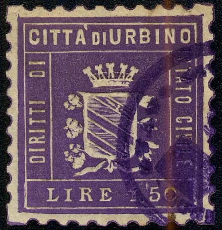 Marca da Bollo del Comune di URBINO su Carta Bianca di dimensioni 25 x 27 mm