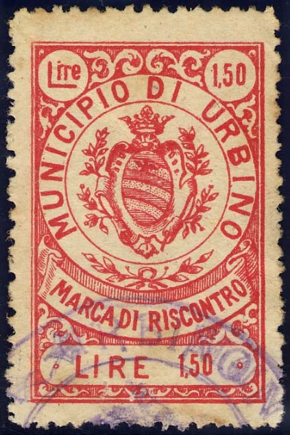 Marca da Bollo del Comune di URBINO su Carta Bianca Sottile di dimensioni 24 x 37 mm
