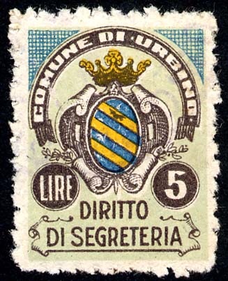 Marca da Bollo del Comune di URBINO su Carta Bianca Sottile di dimensioni 17,5 x 23 mm