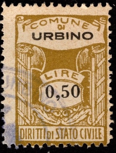 Marca da Bollo del Comune di URBINO su Carta Bianca Sottile di dimensioni 22,5 X 33 mm