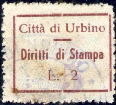 Marca da Bollo del Comune di URBINO su Carta Bianca Sottile di dimensioni 17,5 x 23 mm
