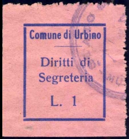 Marca da Bollo del Comune di URBINO su Carta Colorata di dimensioni 17 x 20 mm