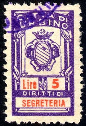 Marca da Bollo del Comune di URBINO su Carta Bianca Sottile di dimensioni 14,5 x 25 mm