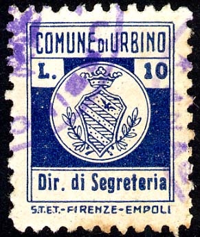 Marca da Bollo del Comune di URBINO su Carta Bianca Sottile di dimensioni 15 x 19 mm