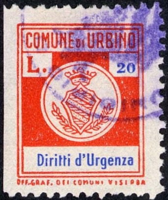 Marca da Bollo del Comune di URBINO su Carta Bianca Sottile di dimensioni 15 x 19 mm