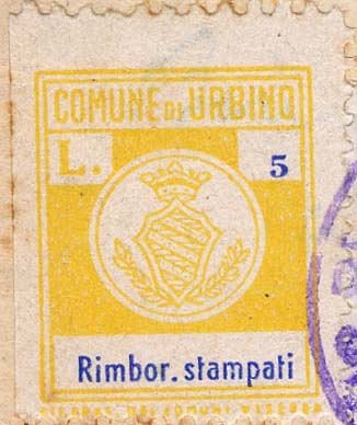 Marca da Bollo del Comune di URBINO su Carta Bianca Sottile di dimensioni 17,5 x 22 mm