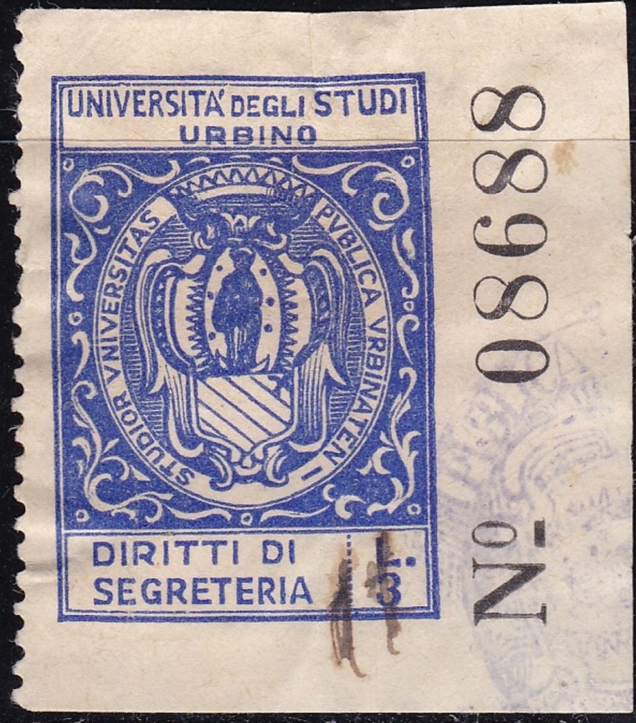 Marca da Bollo del Comune di URBINO su Carta Bianca Sottile di dimensioni 22,5 x 32,5 mm