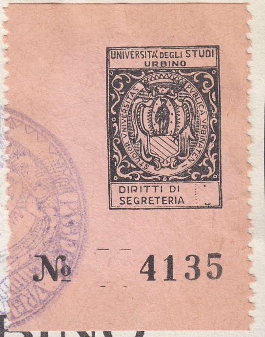 Marca da Bollo del Comune di URBINO su Carta Rosa di dimensioni 14,5 x 20,5 mm