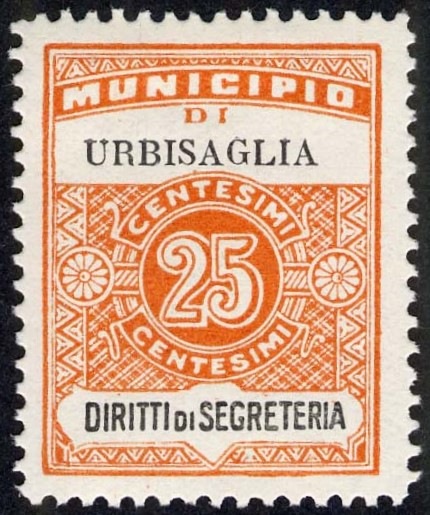 Marca da Bollo del Comune di URBISAGLIA su Carta Bianca di dimensioni 22,5 x 29 mm