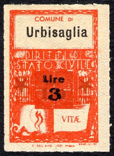 Marca da Bollo del Comune di URBISAGLIA su Carta Bianca Sottile di dimensioni 21 x 33 mm