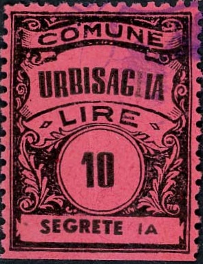Marca da Bollo del Comune di URBISAGLIA su Carta Colorata di dimensioni 22 x 29 mm