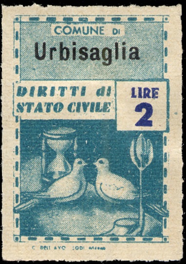 Marca da Bollo del Comune di URBISAGLIA su Carta Bianca di dimensioni 21 x 32,5 mm