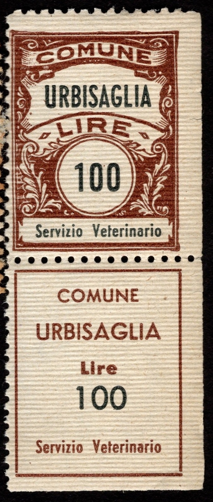 Marca da Bollo del Comune di URBISAGLIA su Carta Bianca Sottile di dimensioni 21,5 x 45 mm