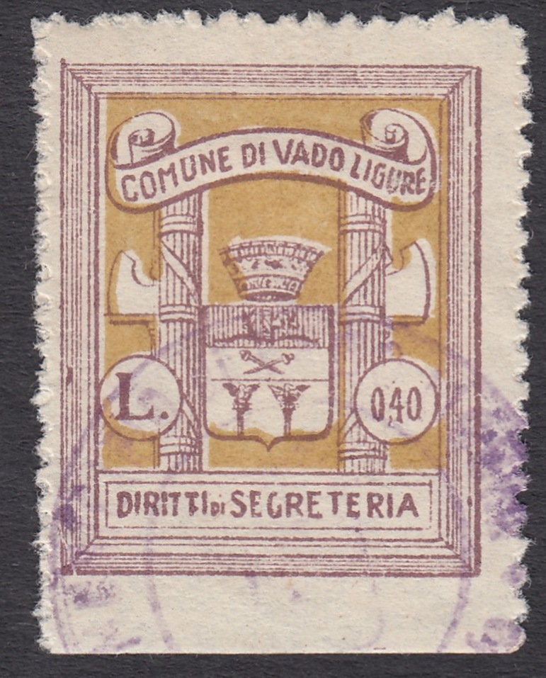 Marca da Bollo del Comune di VADO LIGURE su Carta Bianca Sottile di dimensioni 23,5 x 29 mm