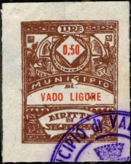 Marca da Bollo del Comune di VADO LIGURE su Carta Bianca Sottile di dimensioni 21 X 27 mm