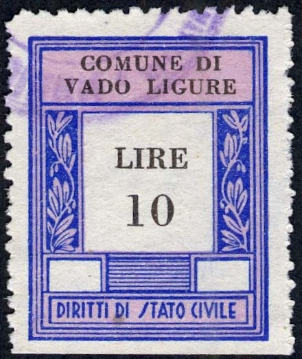 Marca da Bollo del Comune di VADO LIGURE su Carta Bianca di dimensioni 23 x 29,5 mm