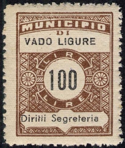 Marca da Bollo del Comune di VADO LIGURE su Carta Bianca Sottile di dimensioni 22,5 x 29 mm