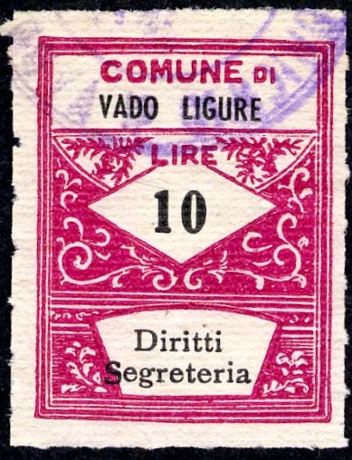 Marca da Bollo del Comune di VADO LIGURE su Carta Bianca Sottile di dimensioni 21,5 x 28,5 mm