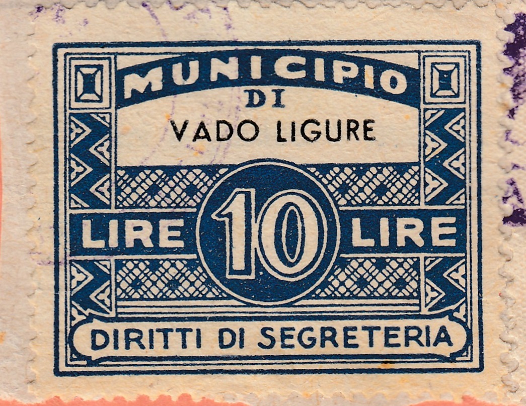 Marca da Bollo del Comune di VADO LIGURE su Carta Bianca di dimensioni 34 x 26,5 mm