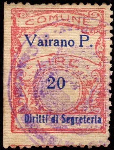 Marca da Bollo del Comune di VAIRANO PATENORA su Carta Bianca di dimensioni 22,5 x 29 mm