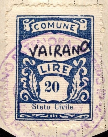 Marca da Bollo del Comune di VAIRANO PATENORA su Carta Bianca Sottile di dimensioni 21 x 29 mm