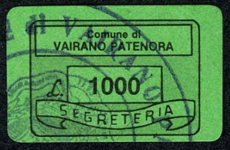 Marca da Bollo del Comune di VAIRANO PATENORA su Carta Verde di dimensioni 17 x 12 mm