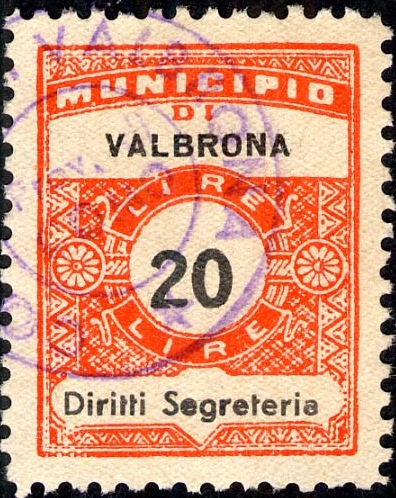 Marca da Bollo del Comune di VALBRONA su Carta Bianca di dimensioni 22,5 x 29 mm