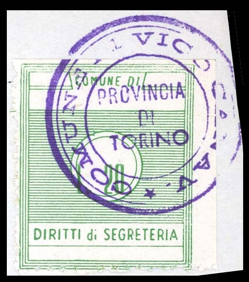 Marca da Bollo del Comune di VICO CANAVESE su Carta Bianca di dimensioni 24 x 29,5 mm