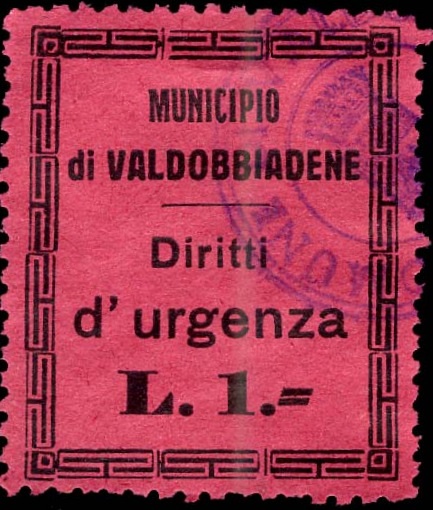 Marca da Bollo del Comune di VALDOBBIADENE su Carta Colorata di dimensioni 25 x 31 mm