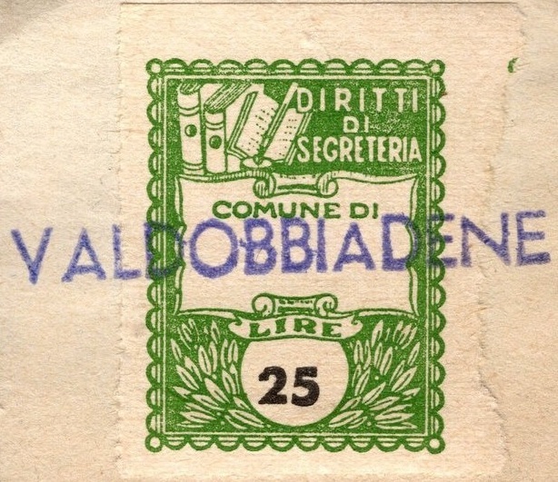 Marca da Bollo del Comune di VALDOBBIADENE su Carta Bianca di dimensioni 22 x 28 mm