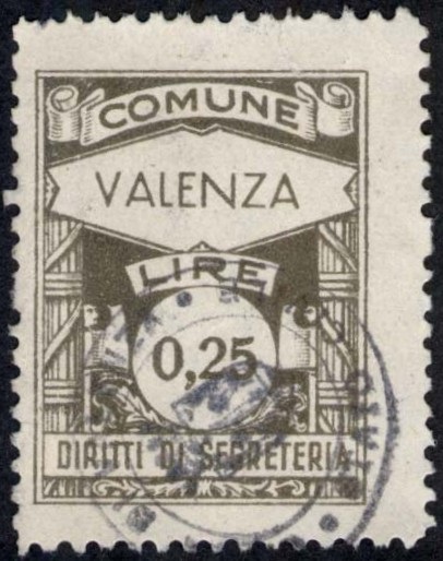 Marca da Bollo del Comune di VALENZA su Carta Bianca Sottile di dimensioni 24 x 31 mm