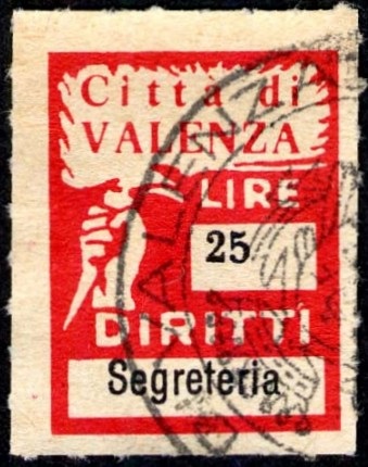 Marca da Bollo del Comune di VALENZA su Carta Bianca di dimensioni 18 X 25,5 mm