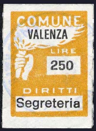 Marca da Bollo del Comune di VALENZA su Carta Bianca di dimensioni 18 X 25,5 mm