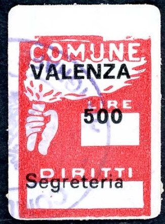 Marca da Bollo del Comune di VALENZA su Carta Bianca di dimensioni 15 x 18 mm