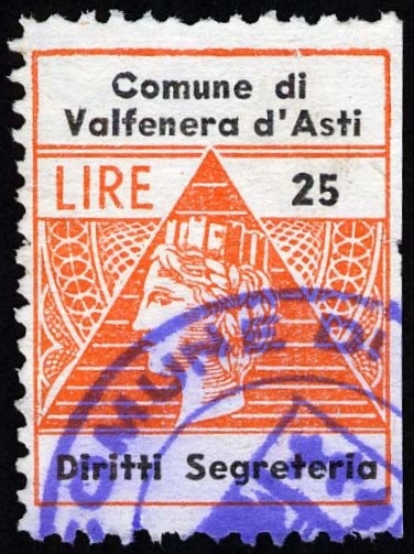 Marca da Bollo del Comune di VALFENERA su Carta Bianca di dimensioni 22 x 28 mm